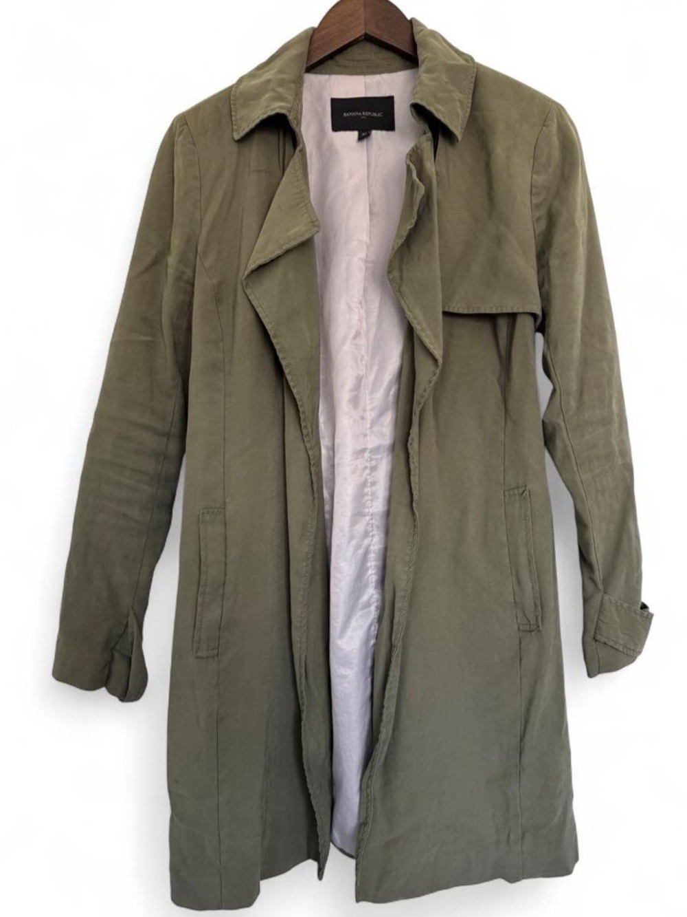 Banana Republic Olive Green Trench Coat Belt XS Minimalist Wardrobe Staple Chic